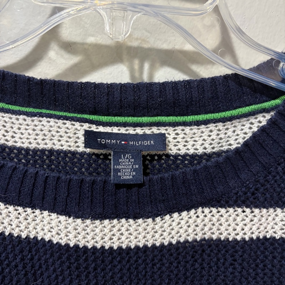 Tommy Hilfiger Knitted Top Large Women Navy Blue White Striped Knit Lightweight - Picture 3 of 7
